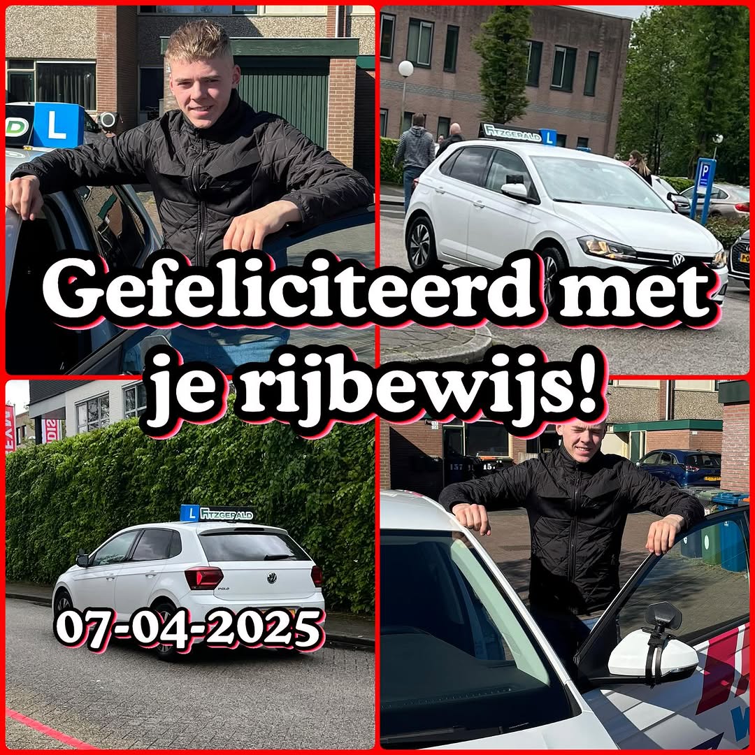 Geslaagd op 7 april 2025, met de lesauto van Rijschool Fitzgerald