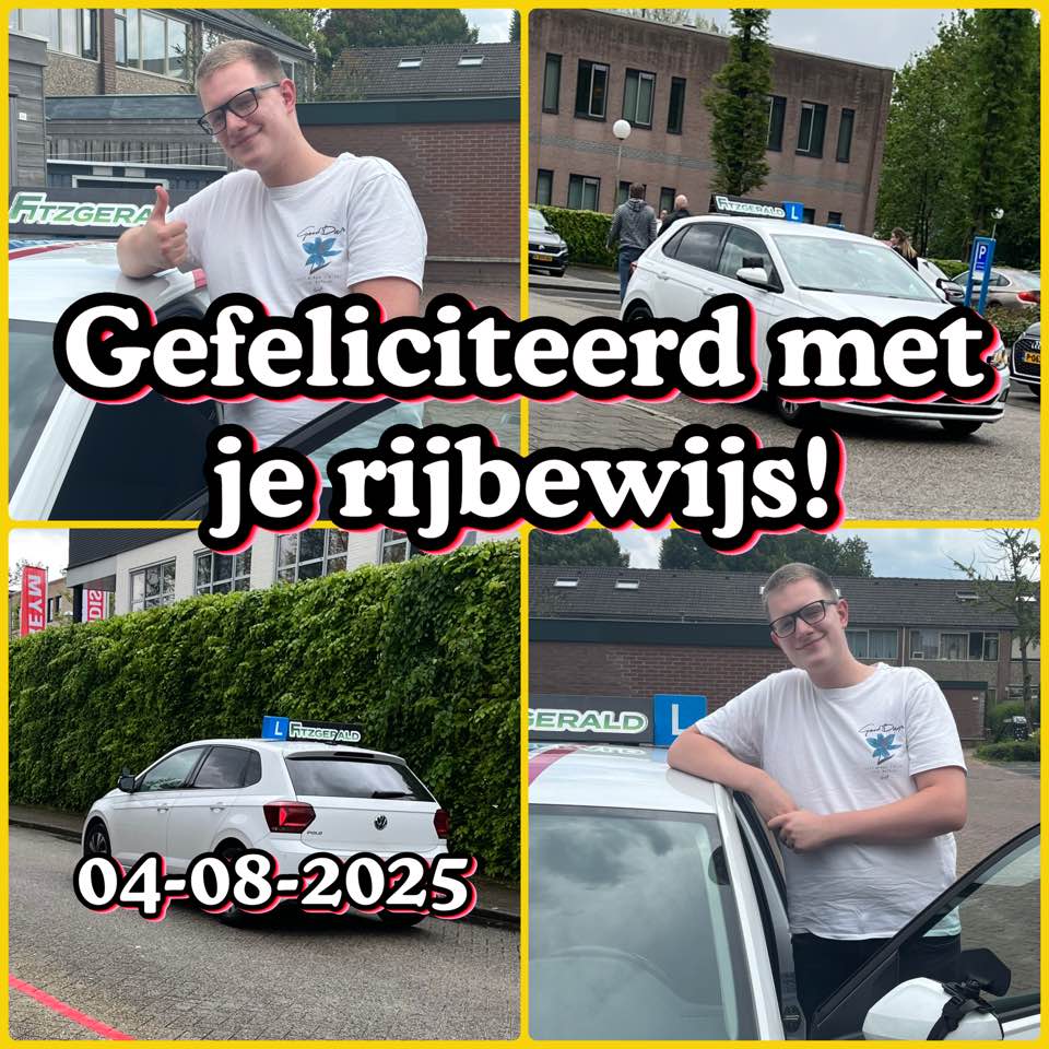 Geslaagd op 4 augustus 2025, met de lesauto van Rijschool Fitzgerald