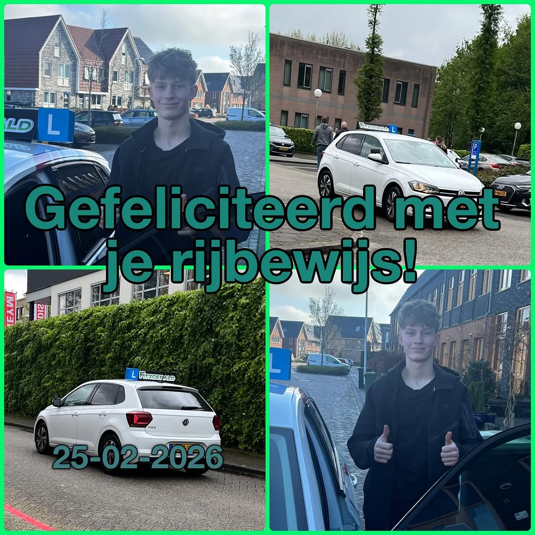 Geslaagd op 25 februari 2026, met de lesauto van Rijschool Fitzgerald