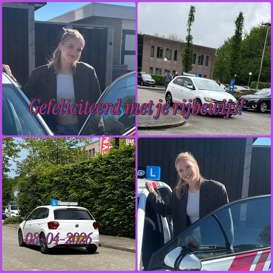 Geslaagd op 8 april 2026, met de lesauto van Rijschool Fitzgerald