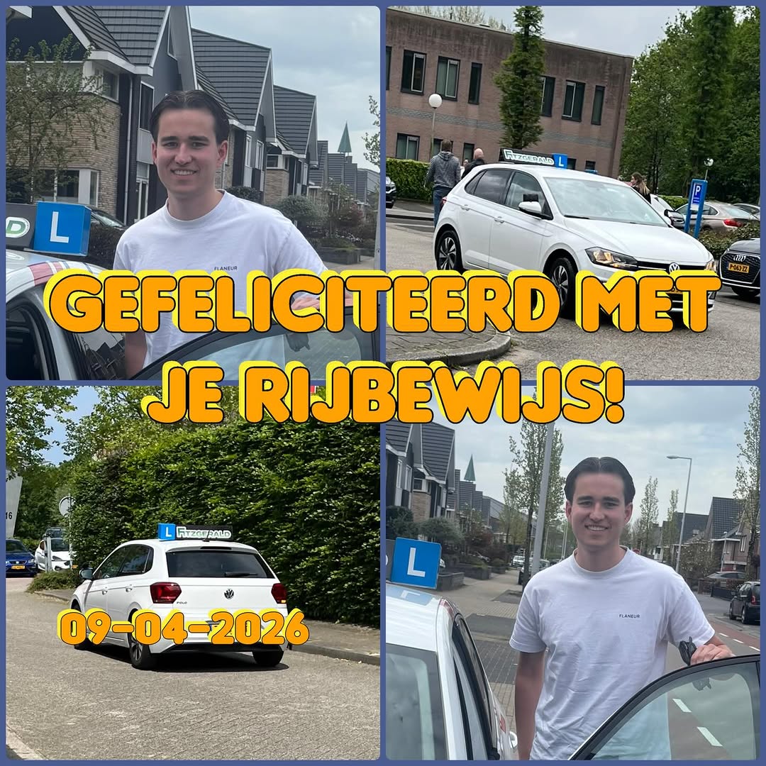 Geslaagd op 9 april 2026, met de lesauto van Rijschool Fitzgerald