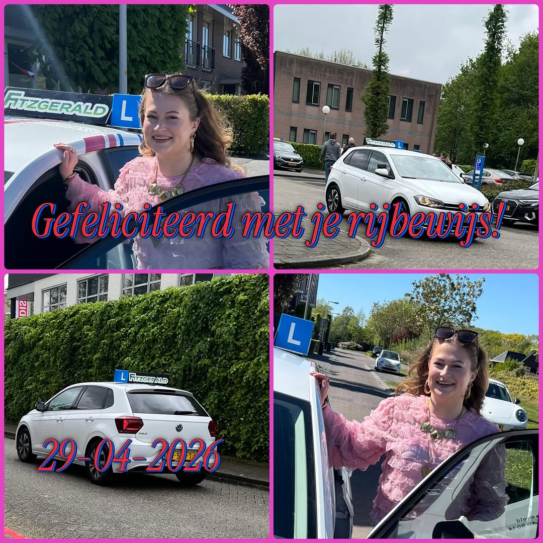 Geslaagd op 29 april 2026, met de lesauto van Rijschool Fitzgerald