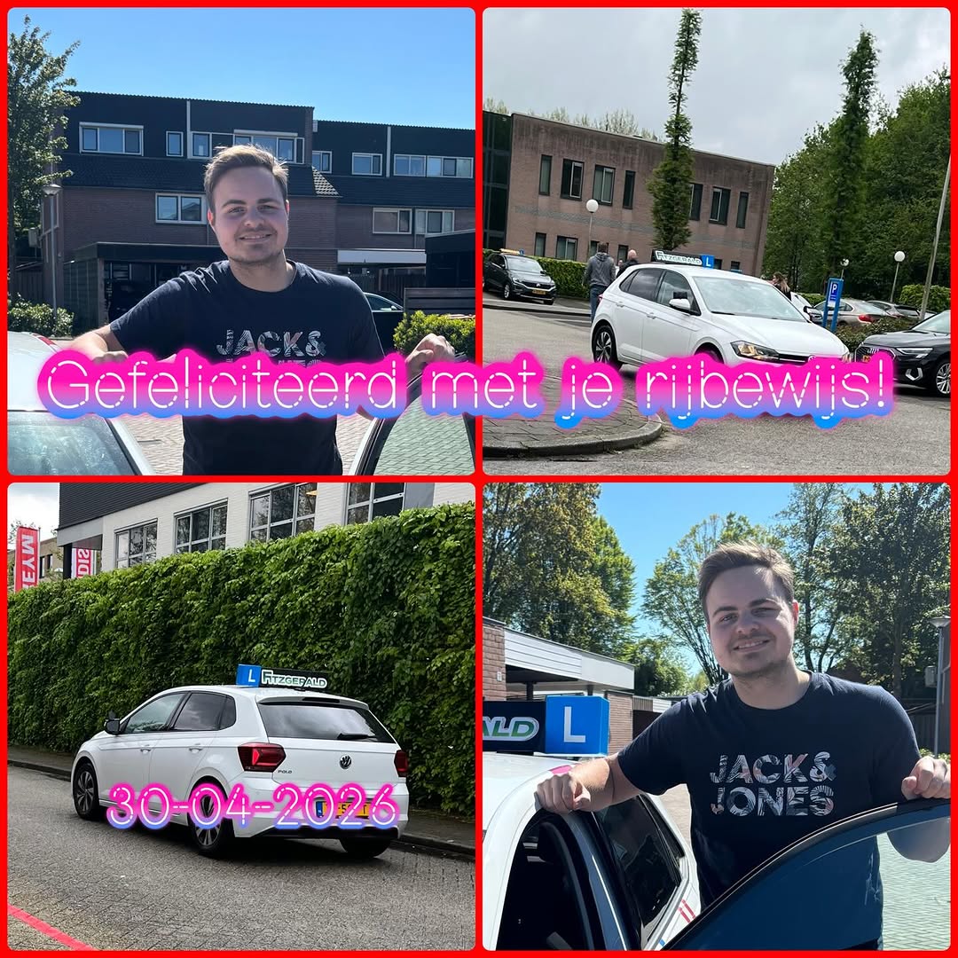 Geslaagd op 30 april 2026, met de lesauto van Rijschool Fitzgerald