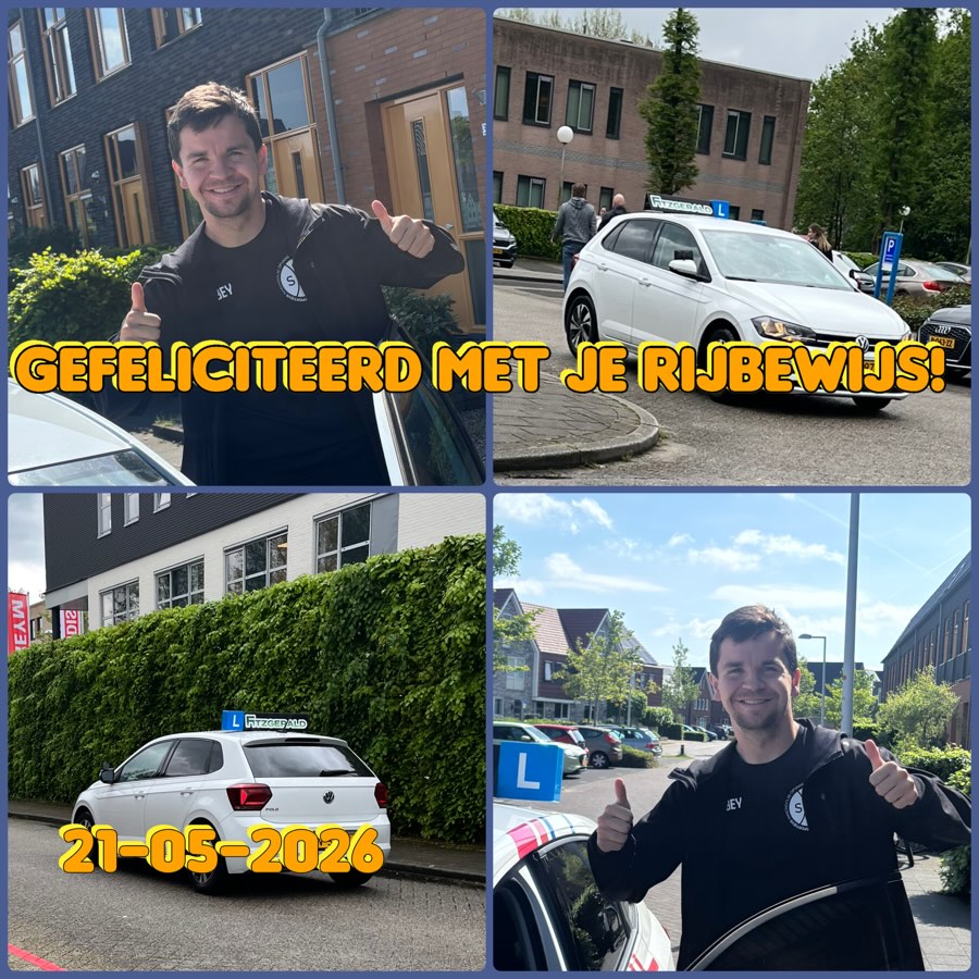 Geslaagd op 21 mei 2026, met de lesauto van Rijschool Fitzgerald