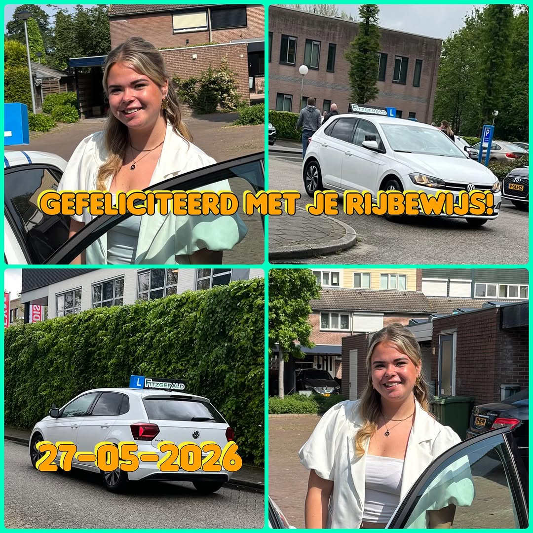 Geslaagd op 27 mei 2026, met de lesauto van Rijschool Fitzgerald