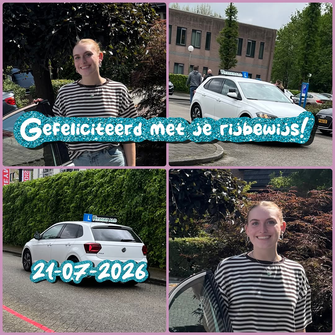 Geslaagd op 21 juli 2026, met de lesauto van Rijschool Fitzgerald