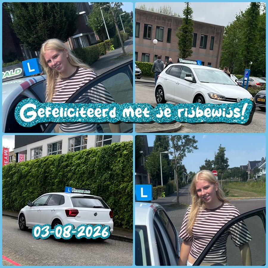 Geslaagd op 3 augustus 2026, met de lesauto van Rijschool Fitzgerald
