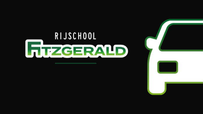 Het logo van Rijschool Fitzgerald met de omtrek van een auto